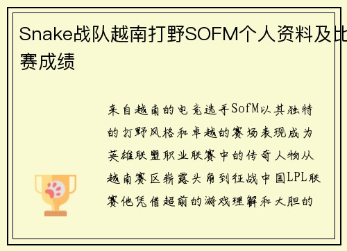 Snake战队越南打野SOFM个人资料及比赛成绩